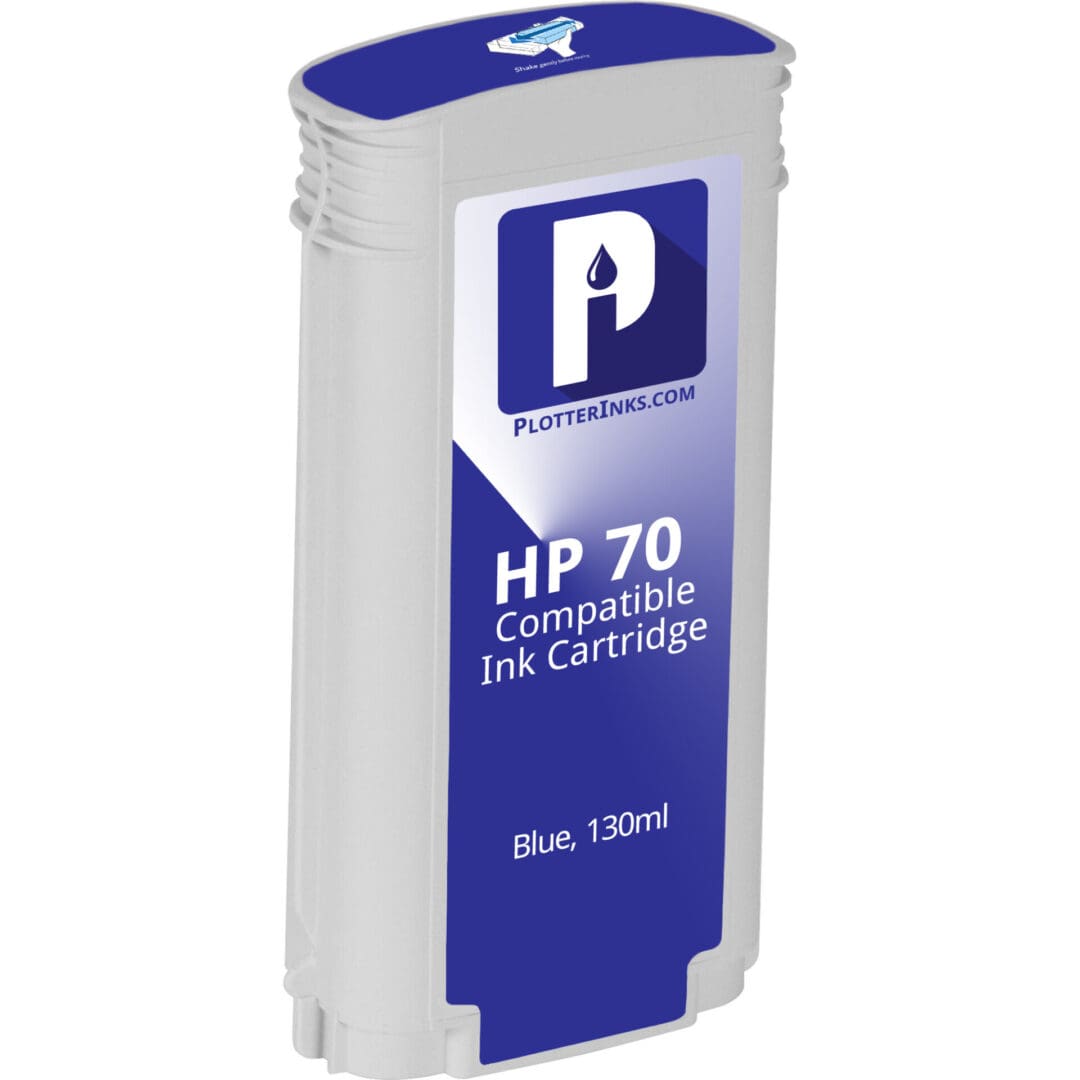 A blue and white container of ink for hp 7 0